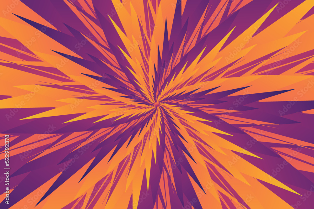 Beautiful abstract illustration in the form of a flower, which consists of triangular gradient yellow, orange, purple, petals with yellow and purple lines. Spiral swirling pattern of geometric shapes