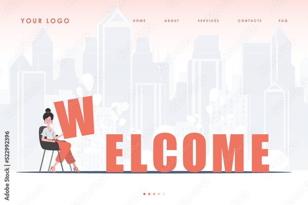 Fototapeta premium Welcome landing page. The girl sits and holds the letter W in her hands. The start page of the site. trendy style. Vector illustration.