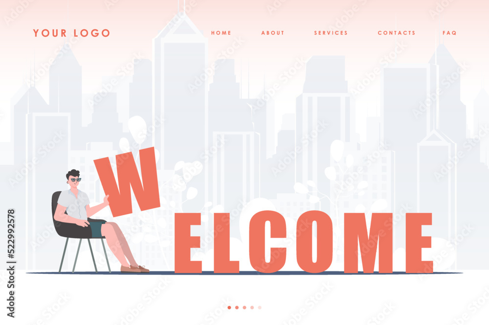 Welcome landing page. A man sits and holds the letter W in his hands. The initial page for the site. Trendy cartoon character. Vector illustration.