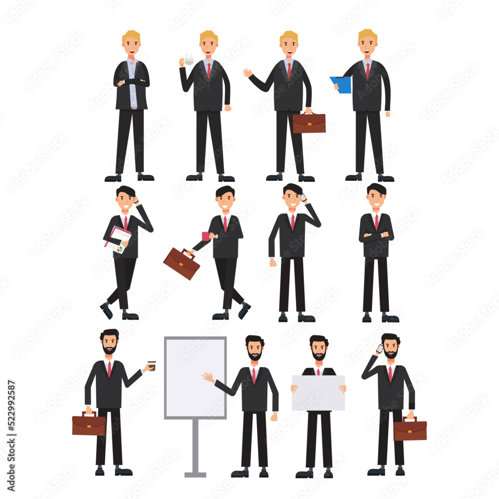 Flat design concept of Businessman with different poses, working and presenting process gestures, actions and poses. Vector cartoon character design set. Flat design concept of Businessman with different poses, working and presenting process gestures, actions and poses. Vector cartoon character design set.