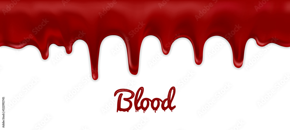 Realistic blood flowing isolated on white background. Drops and liquid splashes. Can be used on medical, halloween scary party, medical, flyers, banners or web. Vector illustration Realistic blood flowing isolated on white background. Drops and liquid splashes. Can be used on medical, halloween scary party, medical, flyers, banners or web. Vector illustration