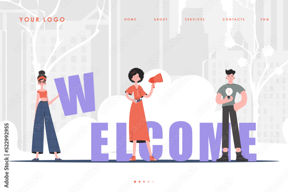 Welcome Landing Page Diverse Team of People Website Start Page. trendy style. Previous illustration. Welcome Landing Page Diverse Team of People Website Start Page. trendy style. Previous illustration.