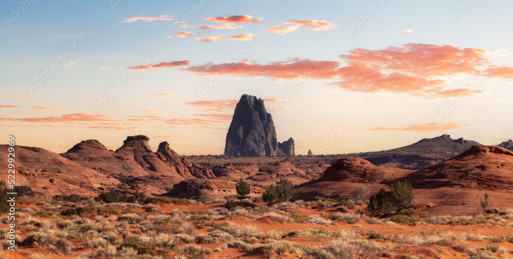 Fototapeta premium Desert Rocky Mountain American Landscape. Sunset Sky Art Render. Oljato-Monument Valley, Arizona, United States. Nature Background