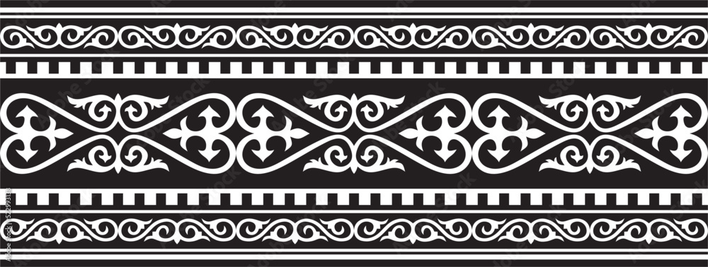 Vector monochrome seamless Kazakh national ornament. Ethnic pattern of the nomadic peoples of the great steppe, the Turks. Border, frame Mongols, Kyrgyz, Buryats, Kalmyks. Vector monochrome seamless Kazakh national ornament. Ethnic pattern of the nomadic peoples of the great steppe, the Turks. Border, frame Mongols, Kyrgyz, Buryats, Kalmyks.