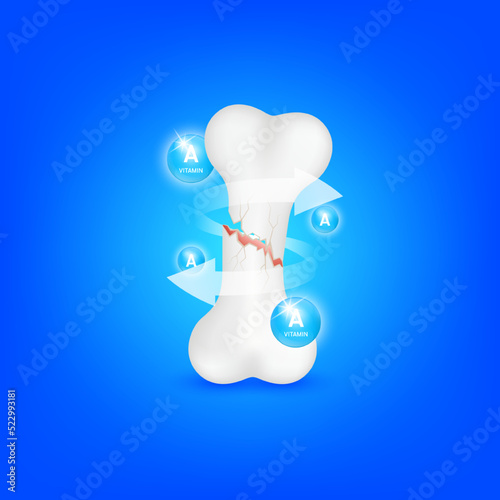 Vitamin A help strengthen bone not to be broken or decay. on blue background. Skeleton x ray scan concept. Healthy knee bone.Medical or healthcare. 3D Realistic Vector.