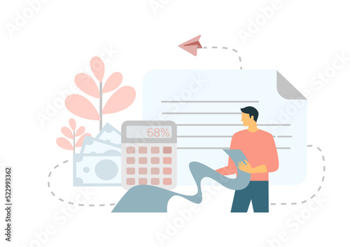 Businessman manages finances. People calculating and analyzing personal or corporate budget, managing financial income, consulting with accountant. Flat cartoon vector illustration and icons set.