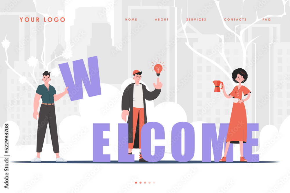 Welcome landing page diverse team of people Creative start page for website. trendy style. Previous illustration. Welcome landing page diverse team of people Creative start page for website. trendy style. Previous illustration.