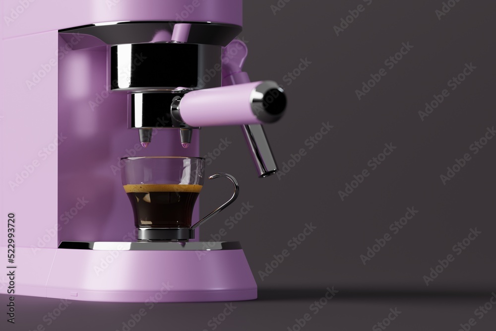 Espresso coffee maker on a pastel background. Concept of making coffee, cafe. 3d rendering, 3d illustration.