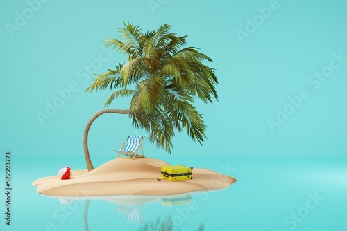 Fototapeta Naklejka Na Ścianę i Meble -  An island with a palm tree, a deckchair, a suitcase and a beach ball. Concept of vacation, resting on a deserted island. 3d rendering, 3d illustration.