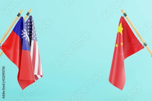 Taiwan, China and USA flag on blue background. Conflict with China concept, United States supporting Taiwan. Threats of war with China. 3D render, 3D illustration.