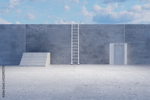 Wallpaper Mural Wall with stairs, ladder and elevator. Business concept, climbing to success, achieving success. Difficulty in achieving success. 3d render, 3d illustration. Torontodigital.ca
