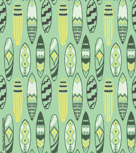 Seamless surface pattern of surfboards with various prints, done in gritty textured style. Great for fashion, accessories, textiles, footwear, swimwear, wrapping paper, stationery, wallpaper, and more