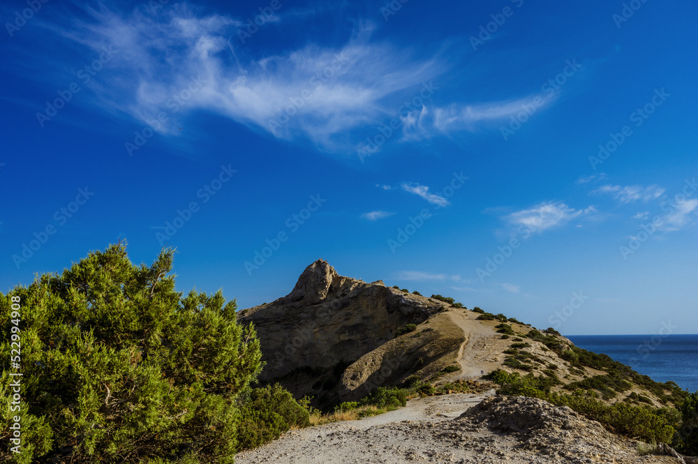 Fototapeta premium The trail on the cliff. Black sea. Blue sky. Nature of Crimea.