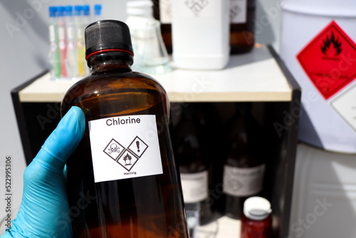 chlorine in bottle, chemical in the laboratory photo