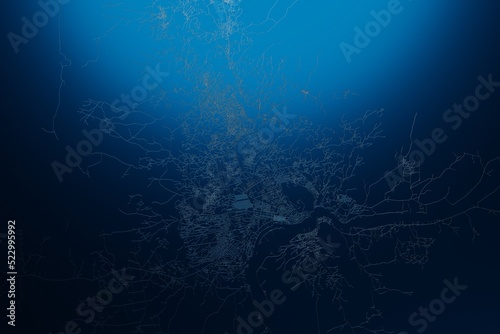 Street map of Bangui (Central African Republic) engraved on blue metal background. View with light coming from top. 3d render, illustration