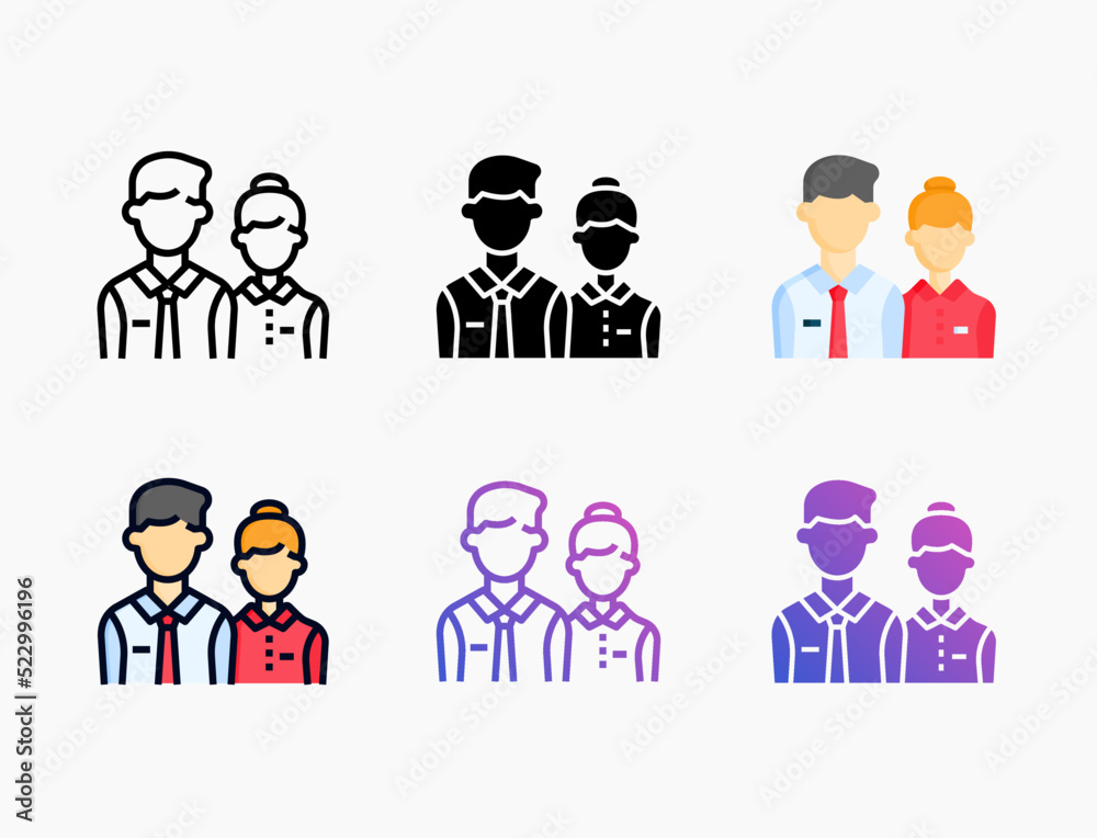 Employee icon set with different styles. Style line, outline, flat, glyph, color, gradient. Editable stroke and pixel perfect. Can be used for digital product, presentation, print design and more. Employee icon set with different styles. Style line, outline, flat, glyph, color, gradient. Editable stroke and pixel perfect. Can be used for digital product, presentation, print design and more.