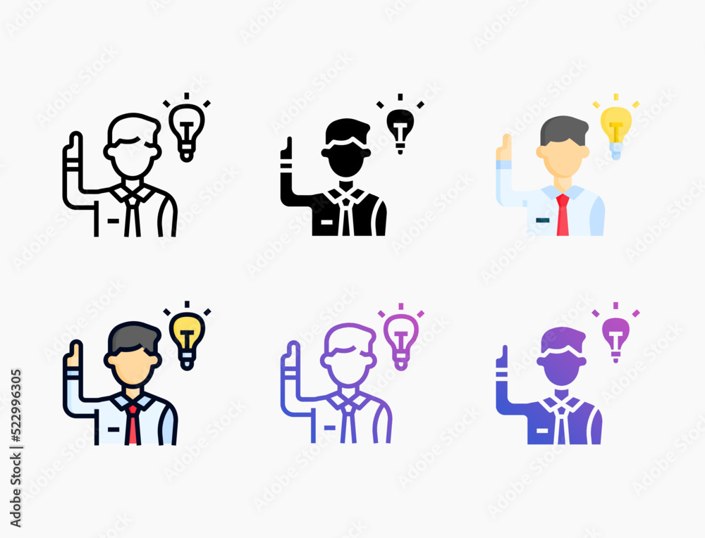 Idea icon set with different styles. Style line, outline, flat, glyph, color, gradient. Editable stroke and pixel perfect. Can be used for digital product, presentation, print design and more. Idea icon set with different styles. Style line, outline, flat, glyph, color, gradient. Editable stroke and pixel perfect. Can be used for digital product, presentation, print design and more.