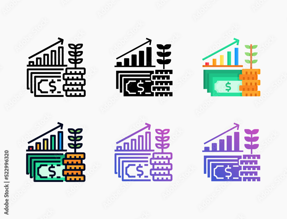 Investment icon set with different styles. Style line, outline, flat, glyph, color, gradient. Editable stroke and pixel perfect. Can be used for digital product, presentation, print design and more.