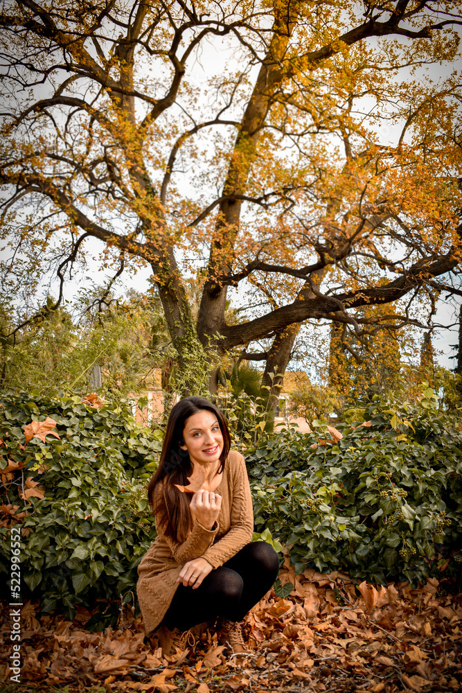 Chica mujer joven agachada frente un árbol con hojas doradas en el suelo por la caida en otoño y con una hoja en la mano Chica mujer joven agachada frente un árbol con hojas doradas en el suelo por la caida en otoño y con una hoja en la mano