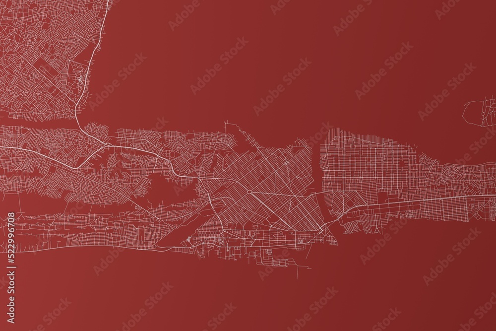 Map of the streets of Cotonou (Benin) made with white lines on red background. Top view. 3d render, illustration