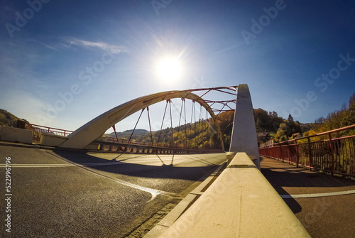 Viaduct at Mountain Range and Blue Sky Background. Rytro village in Beskids Mountains  Poland.