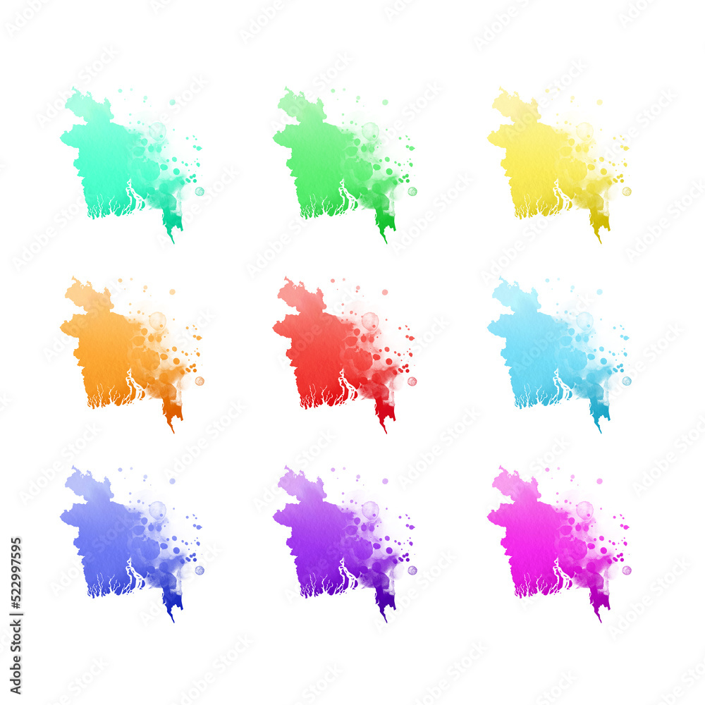 Country map watercolor sublimation backgrounds set on white background. Bangladesh Country map watercolor sublimation backgrounds set on white background. Bangladesh
