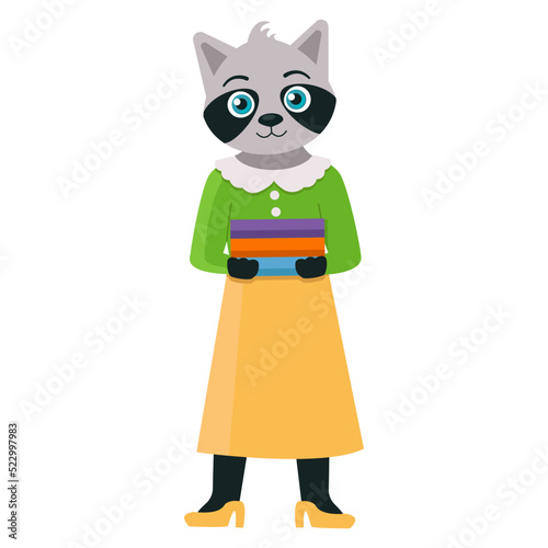 Character raccoon teacher with books in his hands. Vector graphic.