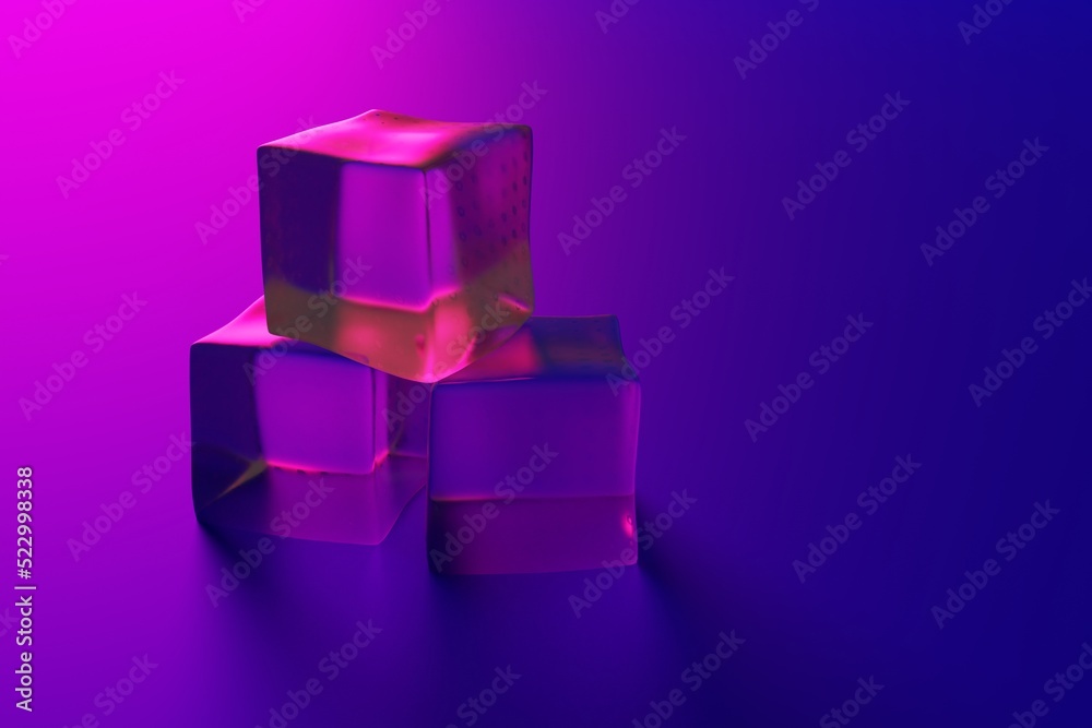 Ice cubes on a purple red background. The concept of hot days, cooling, drinks. 3d render. Ice cubes on a purple red background. The concept of hot days, cooling, drinks. 3d render.