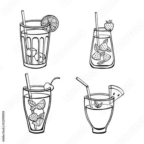 Set non-alcoholic summer drinks isolated on white background. Menu vector images in sketch style.