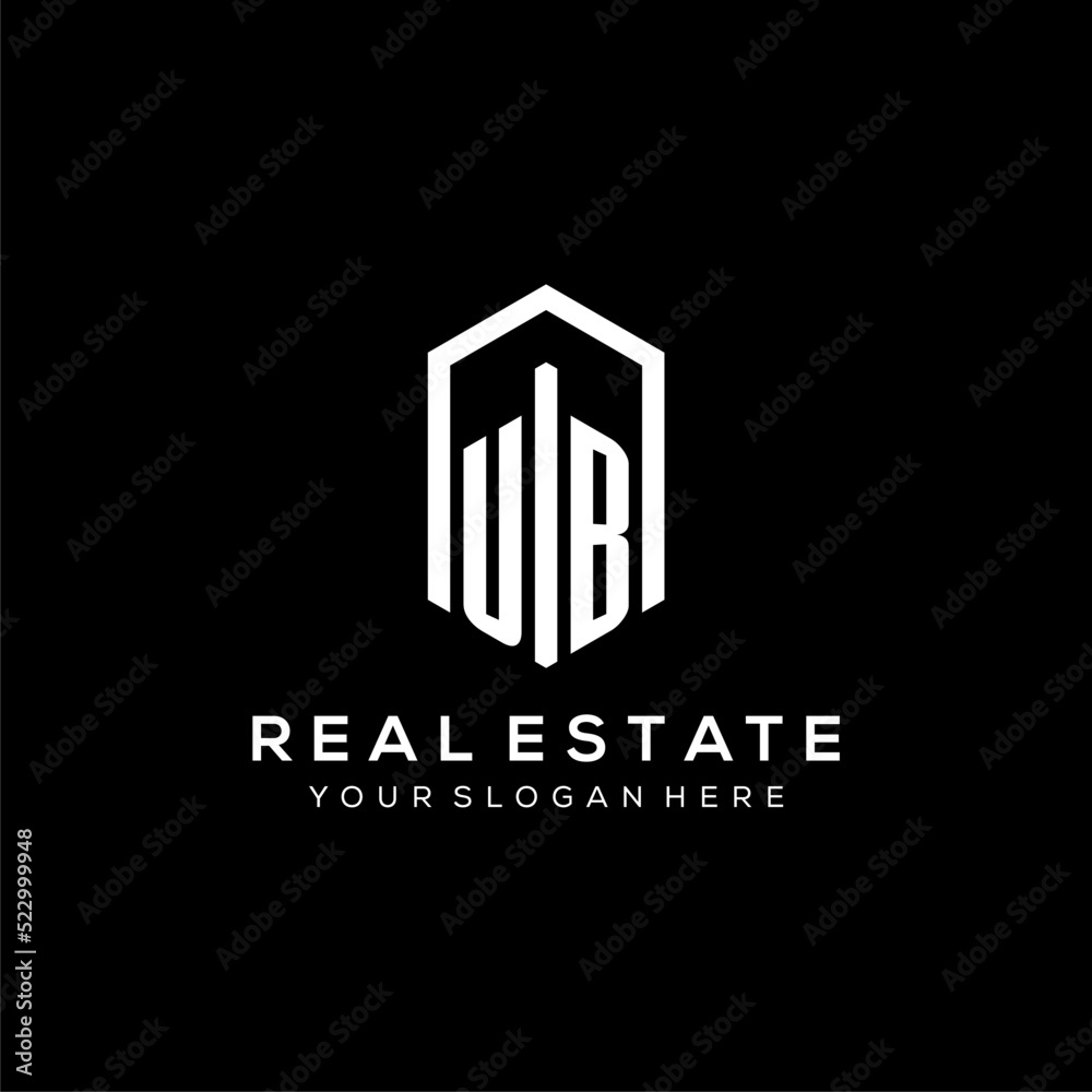 Letter UB logo for real estate with hexagon icon design Stock Vector
