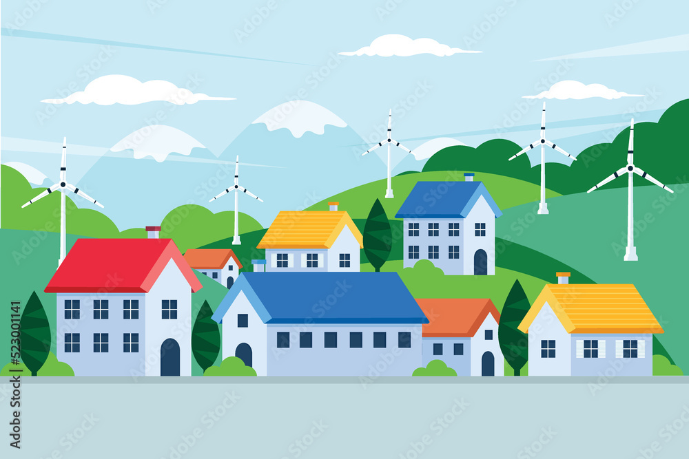 Renewable and clean energy concept.
Mountain green valley houses with wind generators. Flat design vector illustration. Renewable and clean energy concept.
Mountain green valley houses with wind generators. Flat design vector illustration.
