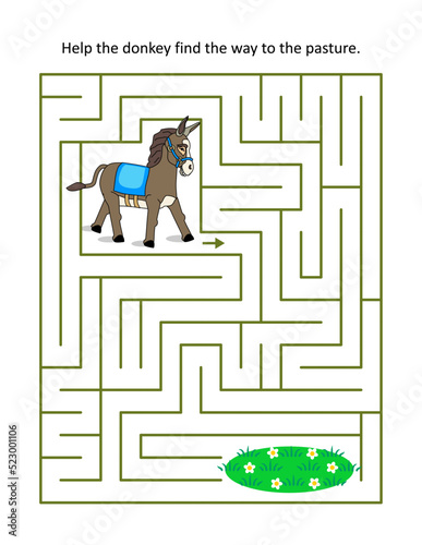 Maze game for kids: Help the donkey find his way to the pasture.
