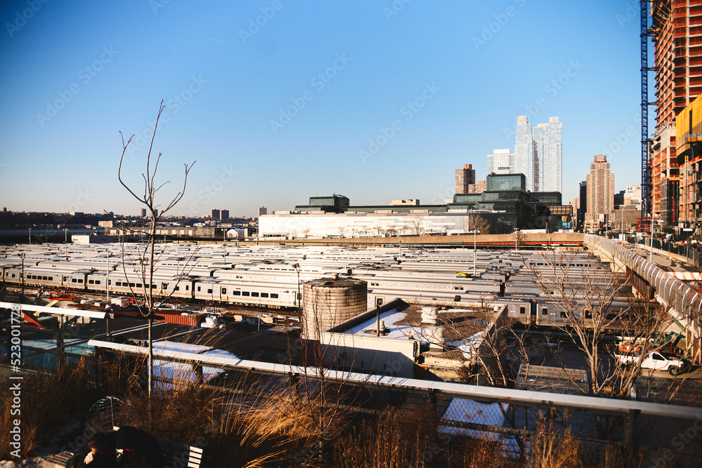  Quartier de Brooklyn avec facades en briques à New York City, USA,  vue sur manhattan en background