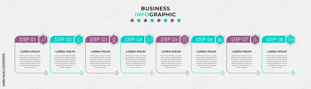 Vector Infographic design business template with icons and 8 options or steps. Can be used for process diagram, presentations, workflow layout, banner, flow chart, info graph Vector Infographic design business template with icons and 8 options or steps. Can be used for process diagram, presentations, workflow layout, banner, flow chart, info graph