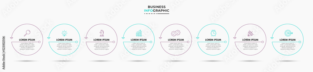 Vector Infographic design business template with icons and 8 options or steps. Can be used for process diagram, presentations, workflow layout, banner, flow chart, info graph Vector Infographic design business template with icons and 8 options or steps. Can be used for process diagram, presentations, workflow layout, banner, flow chart, info graph