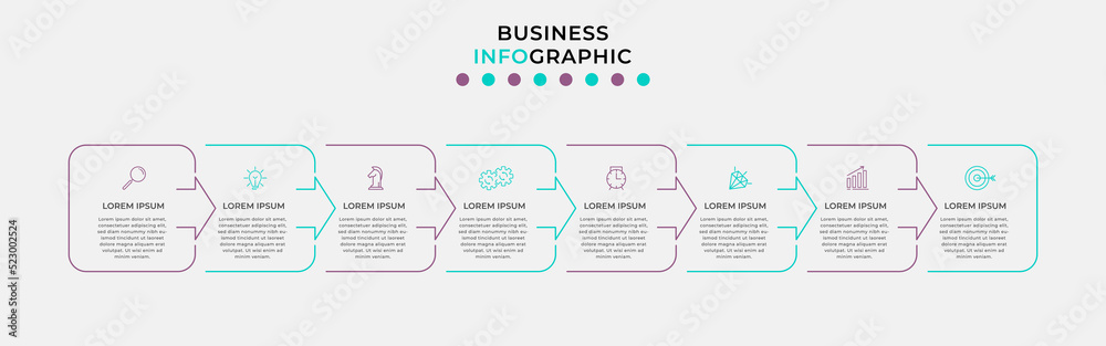 Fototapeta premium Vector Infographic design business template with icons and 8 options or steps. Can be used for process diagram, presentations, workflow layout, banner, flow chart, info graph