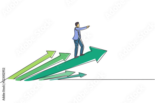 Continuous one line drawing of young handsome male worker flying using rapid up arrows symbol. Success business manager minimalist concept. Trendy single line draw design vector graphic illustration