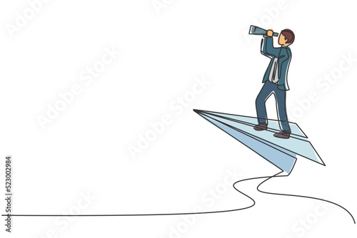 Single continuous line drawing young business man flying with paper airplane to analyze business growth. Professional businessman. Minimalism concept one line draw graphic design vector illustration