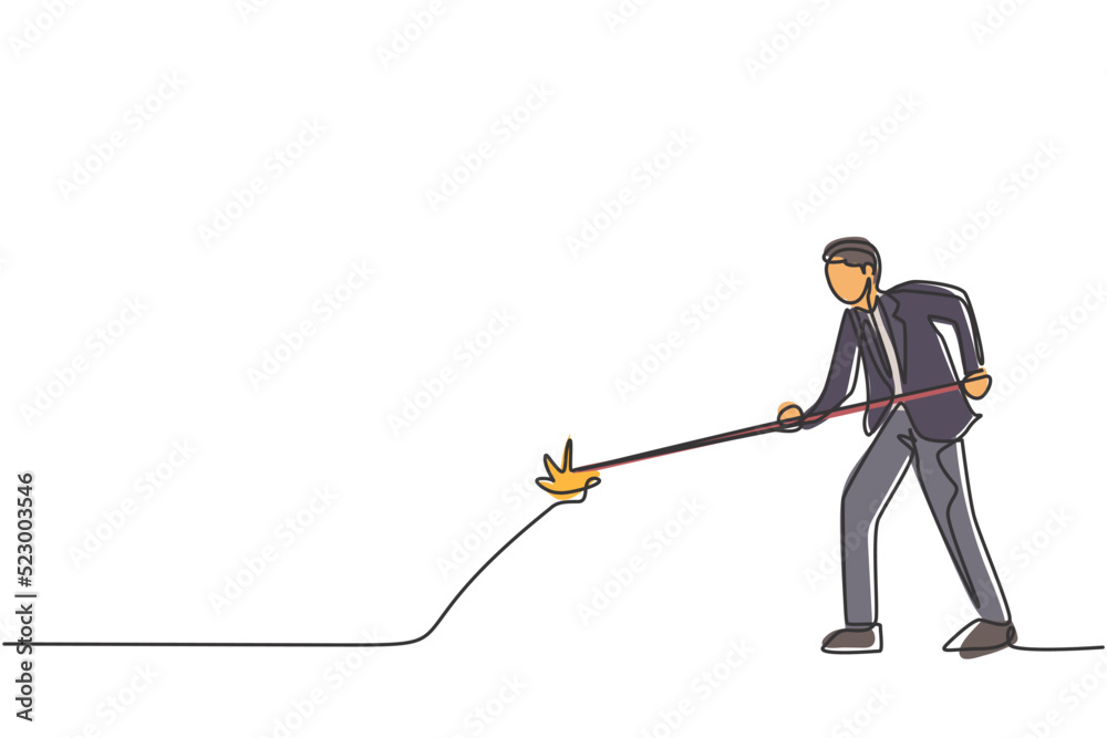 Single continuous line drawing of young business man flame the firecracker wick. Attractive professional businessman. Minimalism concept dynamic one line draw graphic design vector illustration