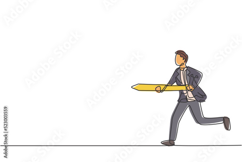 Single one line drawing of young smart male employee running and holding spear to hit target. Business focus to goal minimal concept. Modern continuous line draw design graphic vector illustration