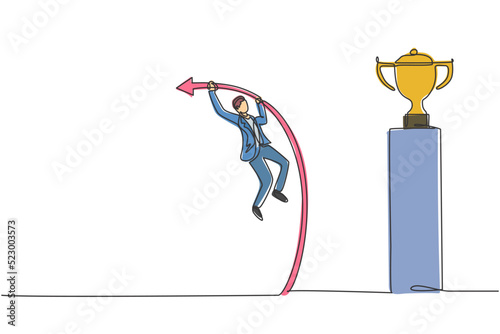 Continuous one line drawing young handsome male worker jumping using pole vault to reach trophy. Success business manager minimalist concept. Trendy single line draw design vector graphic illustration