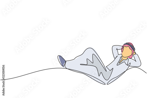 Single one line drawing young Arab male investor entrepreneur sleeping relax to dream his investments. Business growth minimal concept. Modern continuous line draw design graphic vector illustration