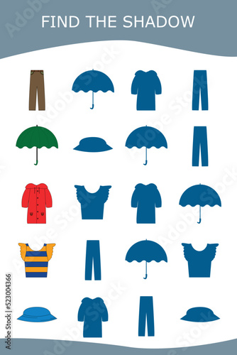 Find correct shadow with colorful clothes. Kids educational game. 
