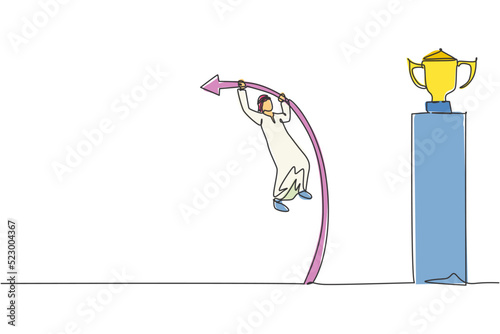 Single continuous line drawing young Arabic businessman jump pole vaulting to get winning trophy. Strategy to reach business goal. Minimalism concept one line draw graphic design vector illustration