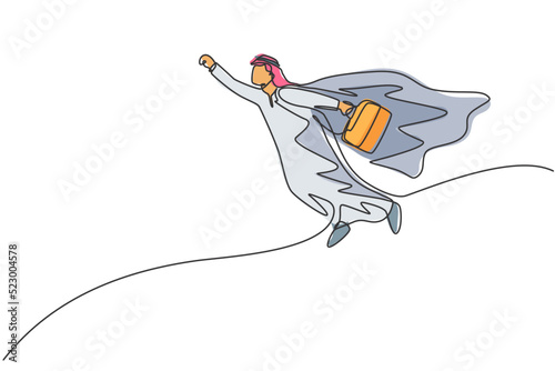 Continuous one line drawing young Arabian male worker superhero flying while holding briefcase. Success business manager minimalist concept. Trendy single line draw design vector graphic illustration