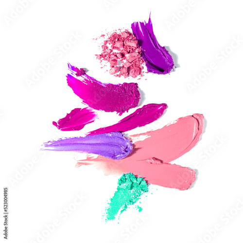 Fototapet Creative beauty fashion concept photo of cosmetic products lipstick eyeshadows swatches on white background