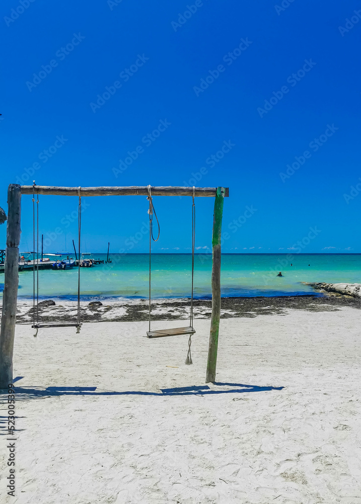 Beautiful Holbox island beach sandbank panorama turquoise water people Mexico.