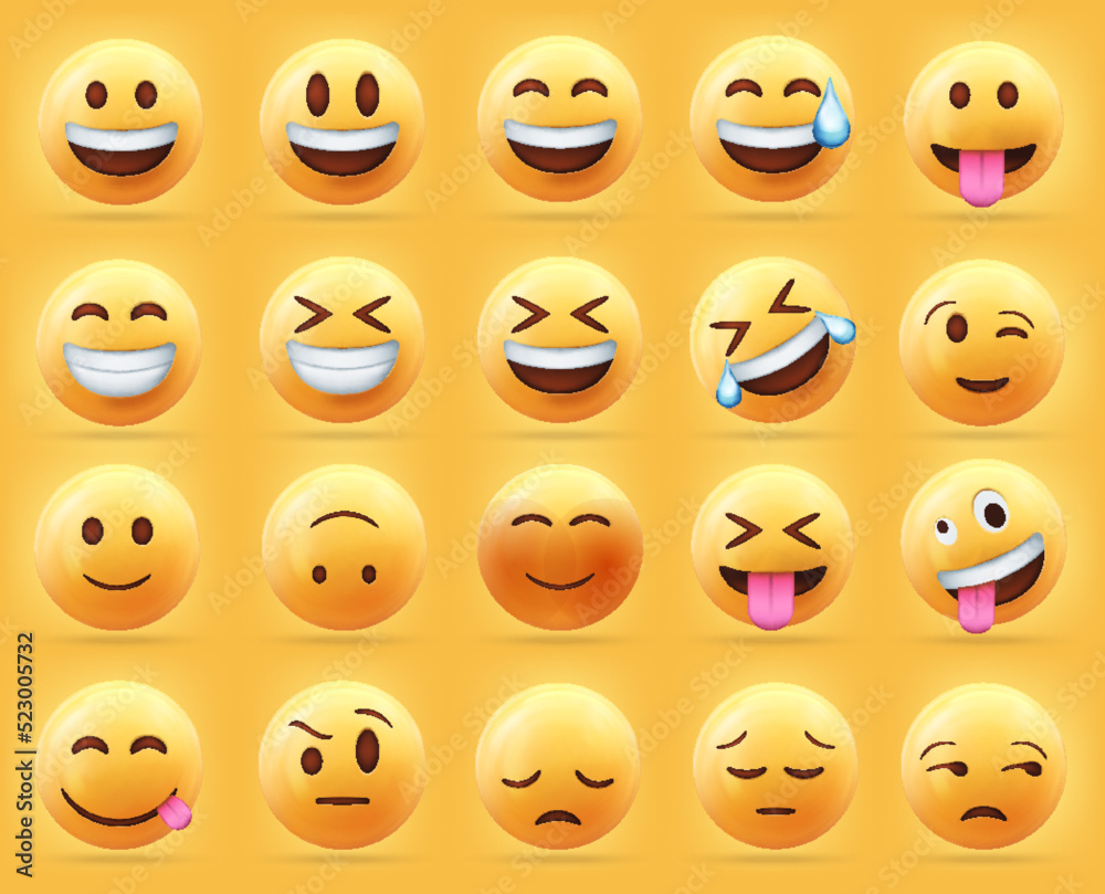 3d set vector of yellow face emoji icon isolated on yellow background 3d set vector of yellow face emoji icon isolated on yellow background