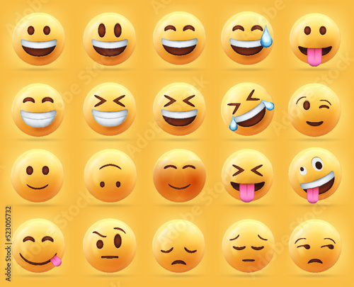3d set vector of yellow face emoji icon isolated on yellow background