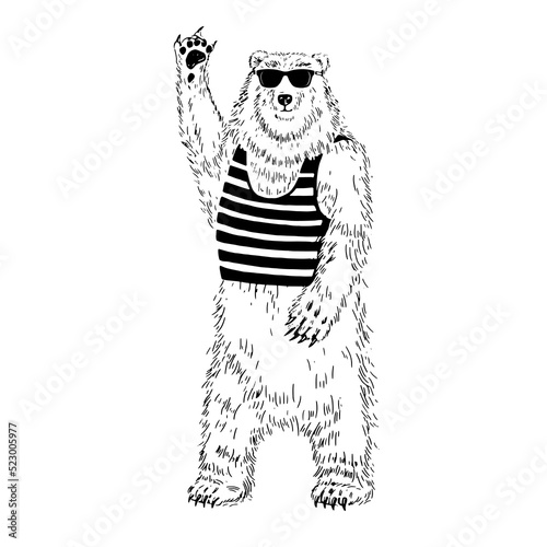 Vector illustration of a bear in glasses at the sea. Sailor bear.